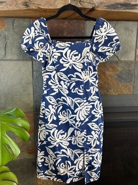 Navy & White Floral Puff-Sleeve Midi Dress - Unbranded
